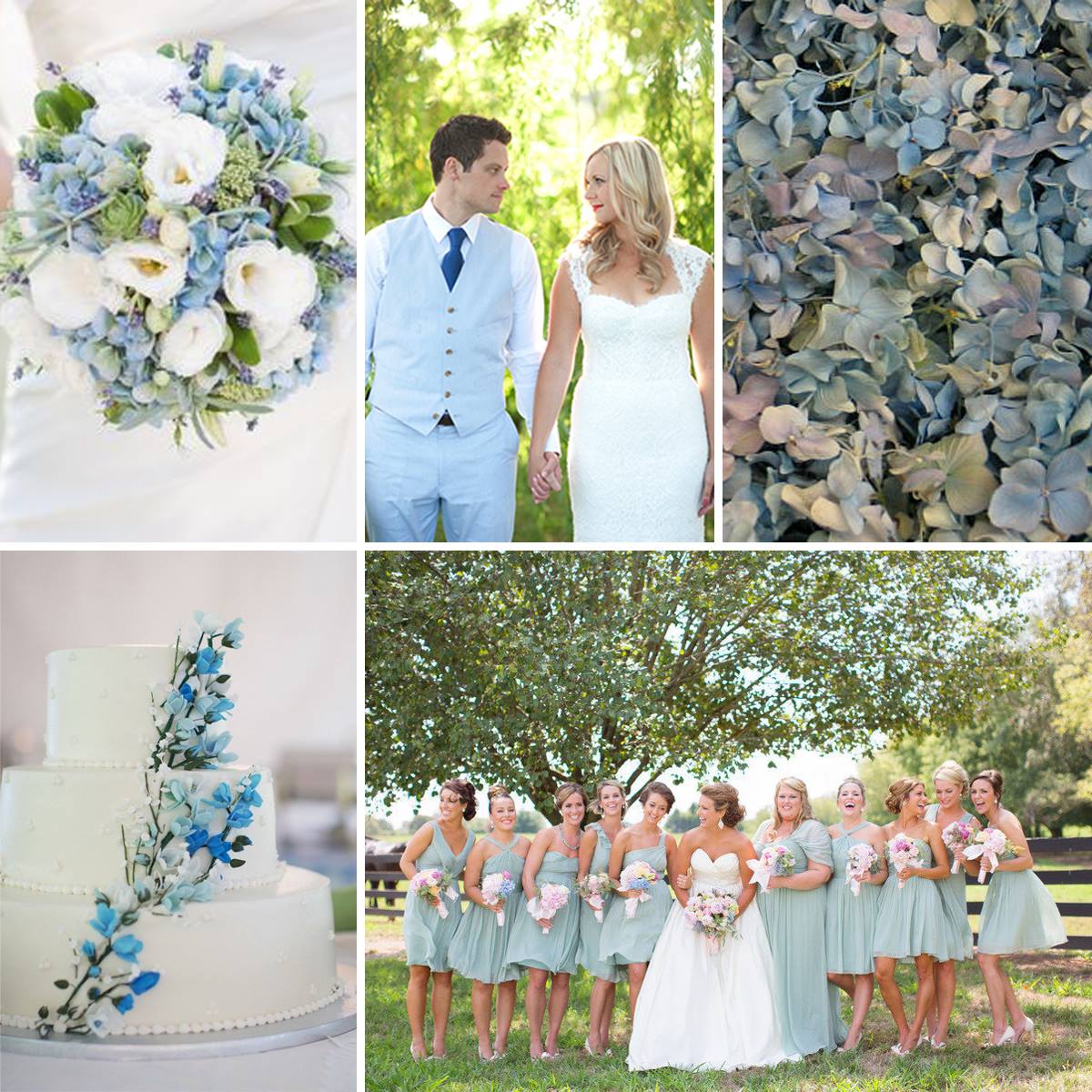Bulk Something Blue rose and hydrangea petals for wedding décor – Prime Petal Company. Collage of wedding-related images including a cake, couple, floral wreath, and bridesmaids.