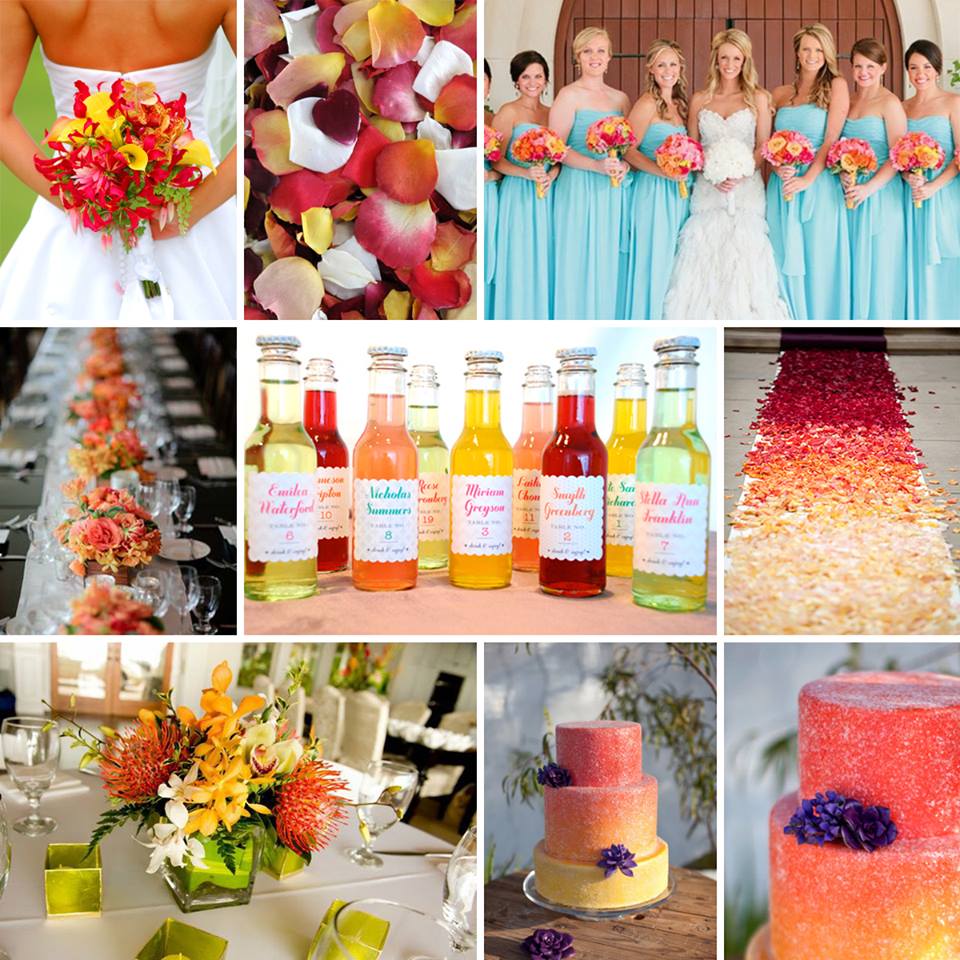 Bulk Sunset Serenade warm-toned rose petals for outdoor weddings – Prime Petal Company. Collage of wedding-related images including flowers, drinks, and a cake.