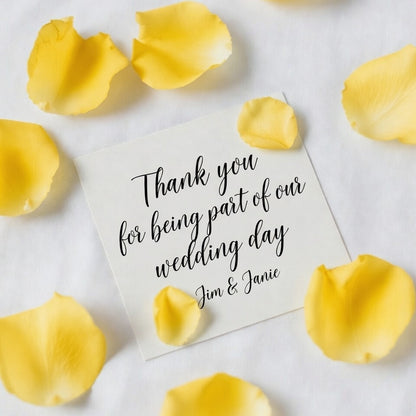 Bulk yellow rose petals for bright wedding aisle and party décor – Prime Petal Company. Note with 'Thank you for being part of our wedding day' text surrounded by yellow rose petals on a white background