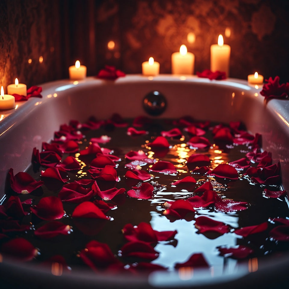 Bulk crimson rose petals for rich red wedding and event décor – Prime Petal Company. Bath tub filled with water and red rose petals with candles in the background