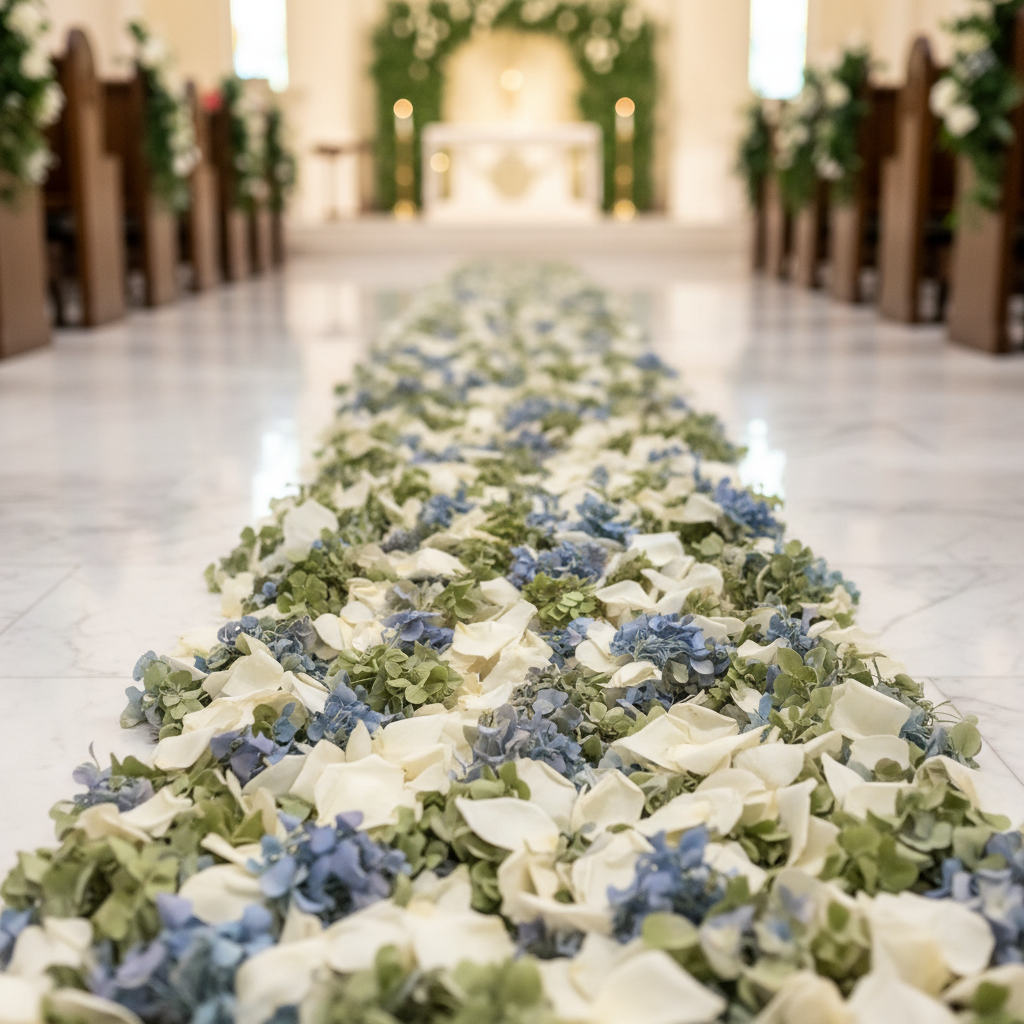 Whisper Garden Blend freeze-dried petals scattered as wedding aisle runner – Prime Petal Company