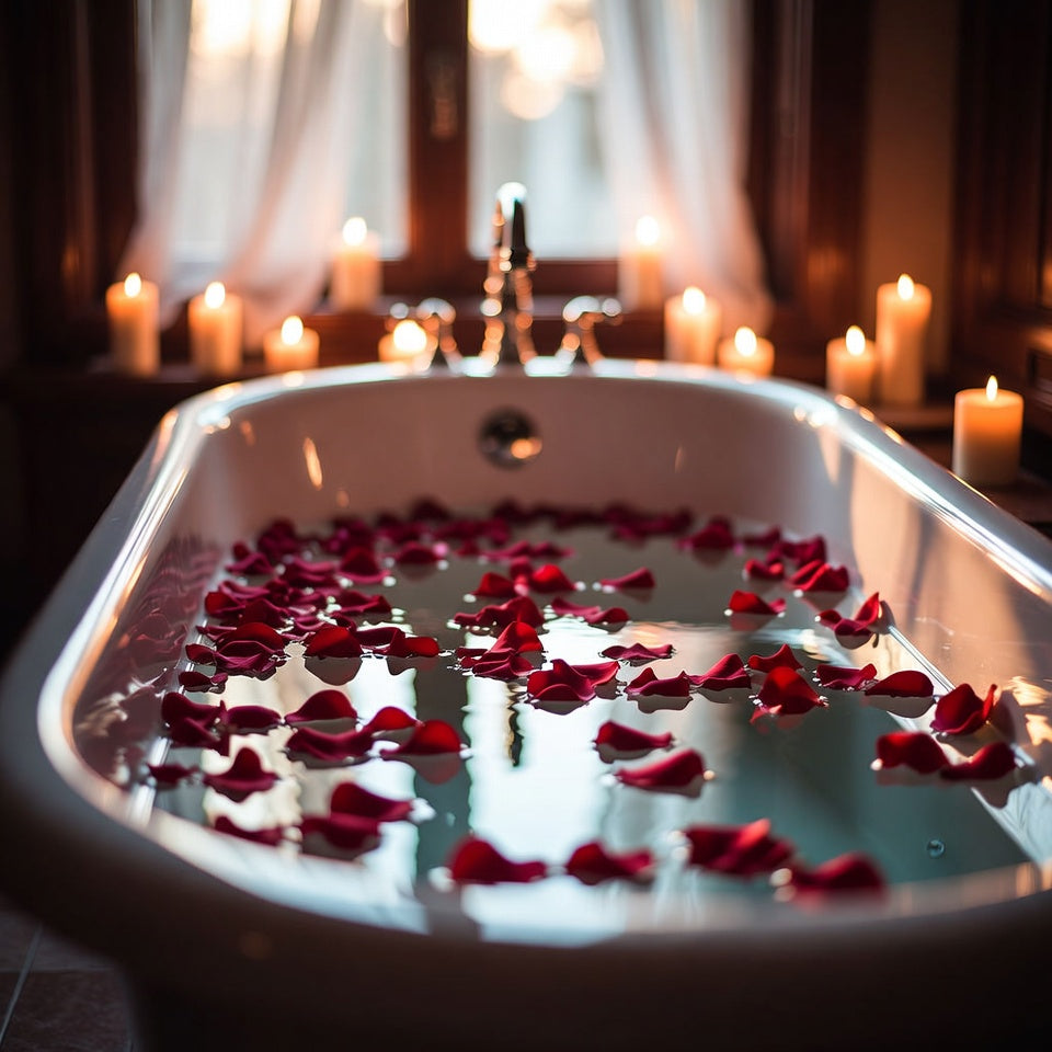 Bulk ruby rose petals for weddings and romantic events – Prime Petal Company. Bath tub filled with water and rose petals, surrounded by candles in a romantic setting.