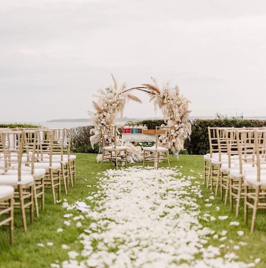 Bulk Ivory Rose Petals for weddings – Prime Petal Company. Bulk ivory rose petals for elegant wedding aisle and event décor – Prime Petal Company. Decorative outdoor setting with floral arch, chairs, and flower petals on the aisle.