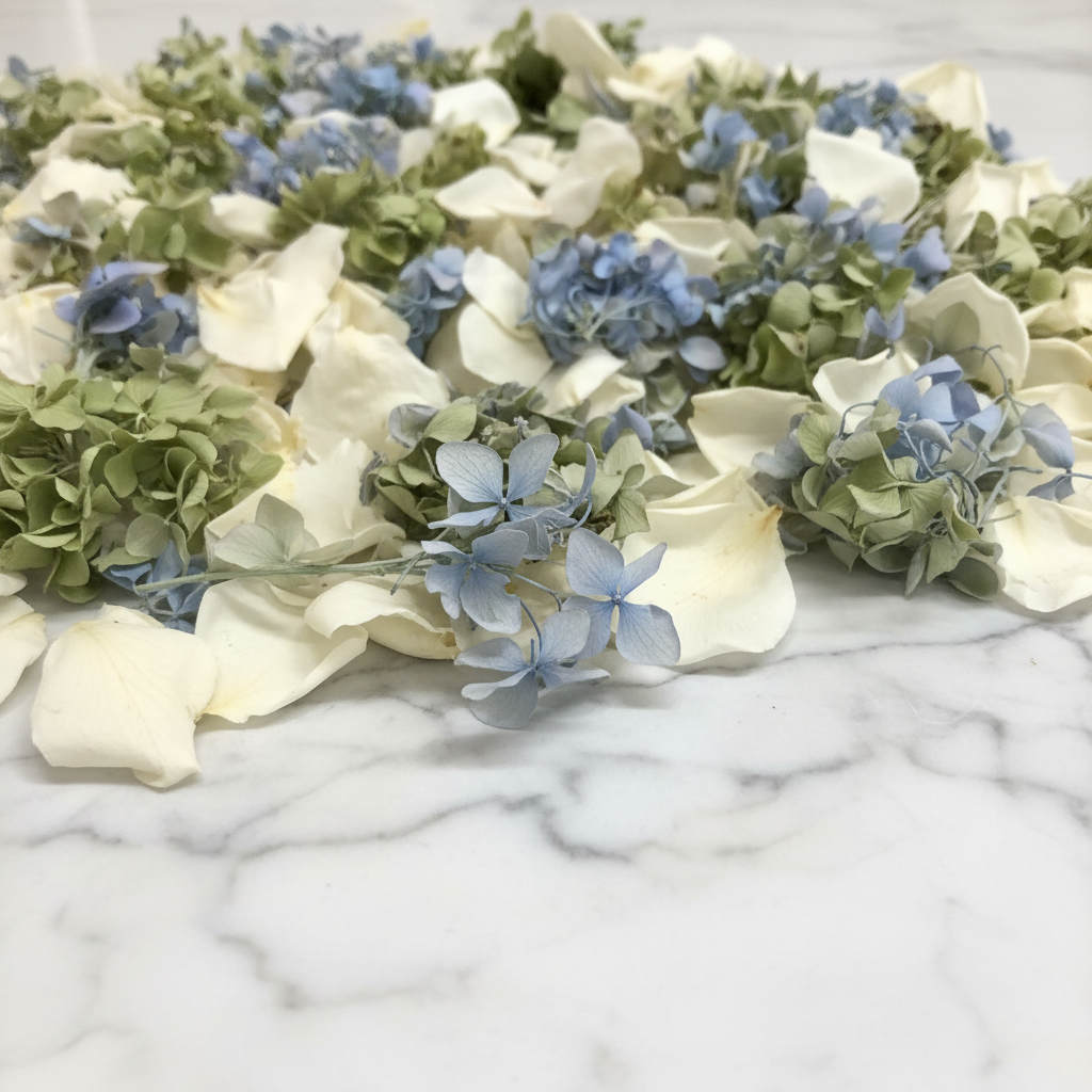 Close-up Whisper Garden Blend Freeze-dried ivory rose petals with blue and green hydrangea florets close up – Prime Petal Company