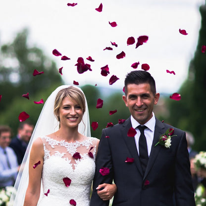 Bulk crimson rose petals for rich red wedding and event décor – Prime Petal Company. Wedding couple standing outdoors with red rose petals falling around them.
