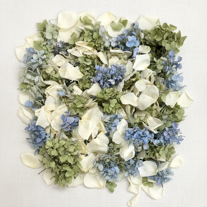 Flat lay Whisper Garden  Blend Whisper Garden Blend freeze-dried ivory rose and hydrangea petals flat lay for weddings – Prime Petal Company