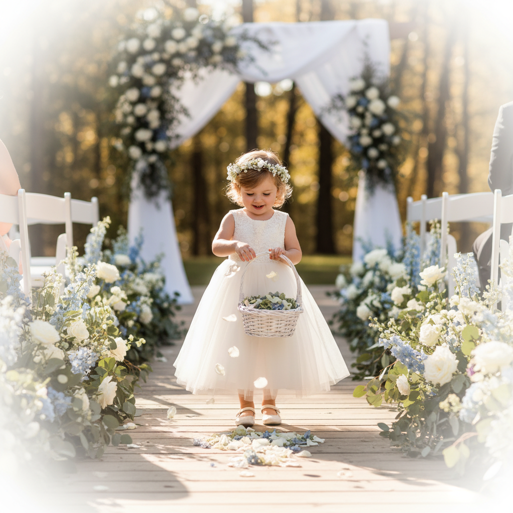 Flower girl scattering Whisper Garden Blend freeze-dried petals at wedding – Prime Petal Company 
