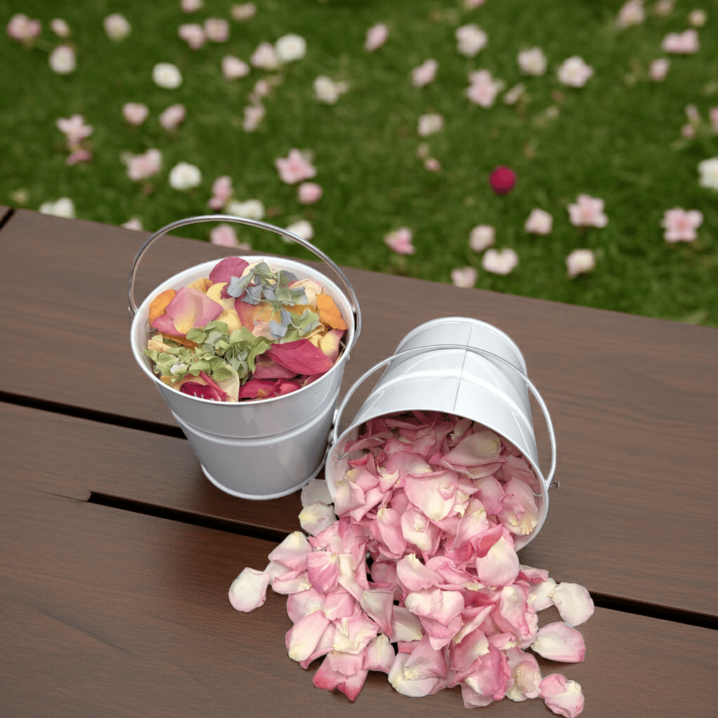 Flower girl petal pails displayed on a picnic table – Prime Petal Company