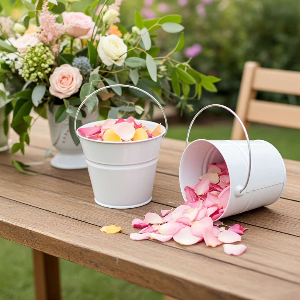 Flower girl petal pails displayed on a picnic table – Prime Petal Company
