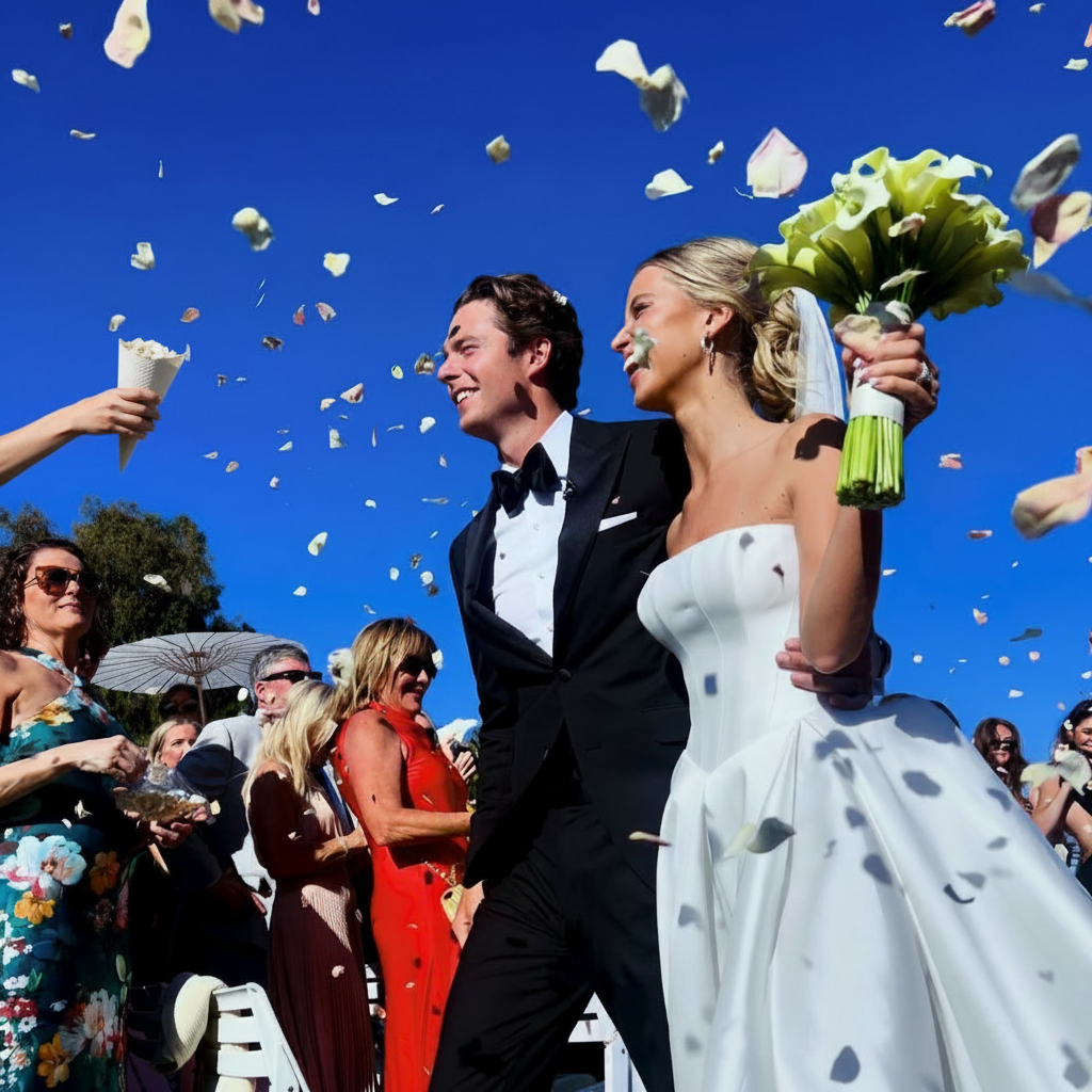 Wedding guests tossing flower petals from seed paper petal cones over bride and groom – Prime Petal Company