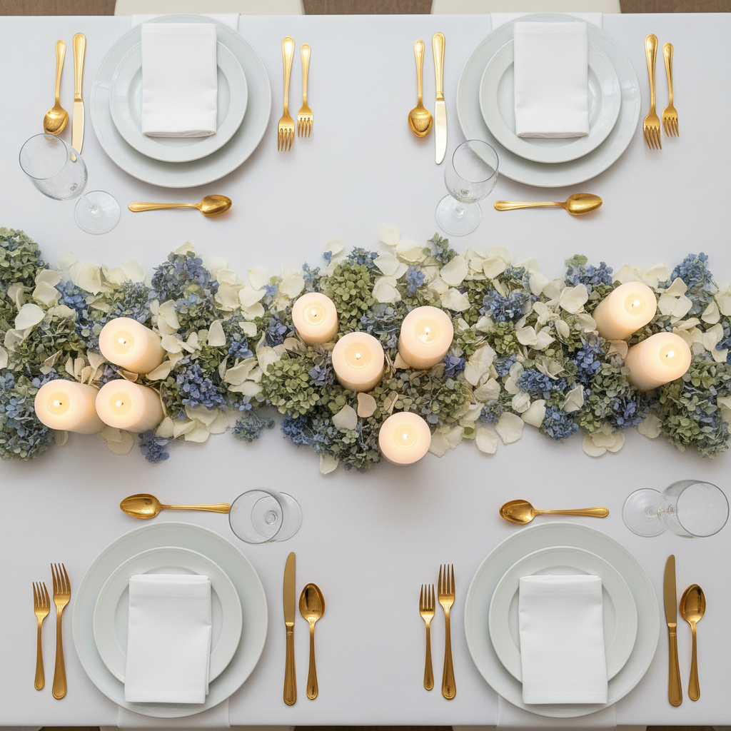 Whisper Garden Blend freeze-dried petals as wedding reception table centerpiece with candles – Prime Petal Company Wedding table centerpiece Whisper Garden Blend